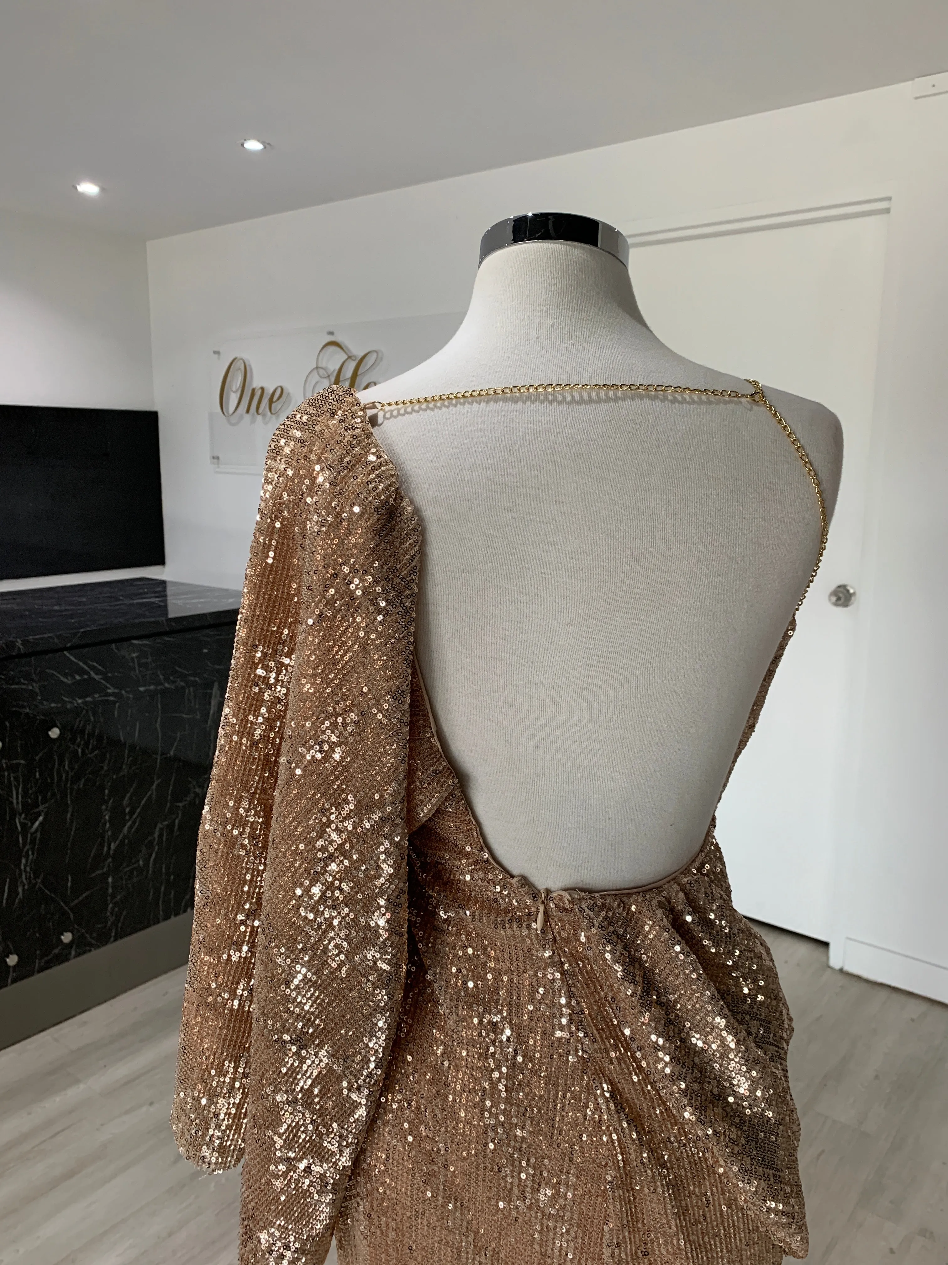 Honey Couture SHAKIRA Rose Gold One Sleeve Sequin Formal Dress