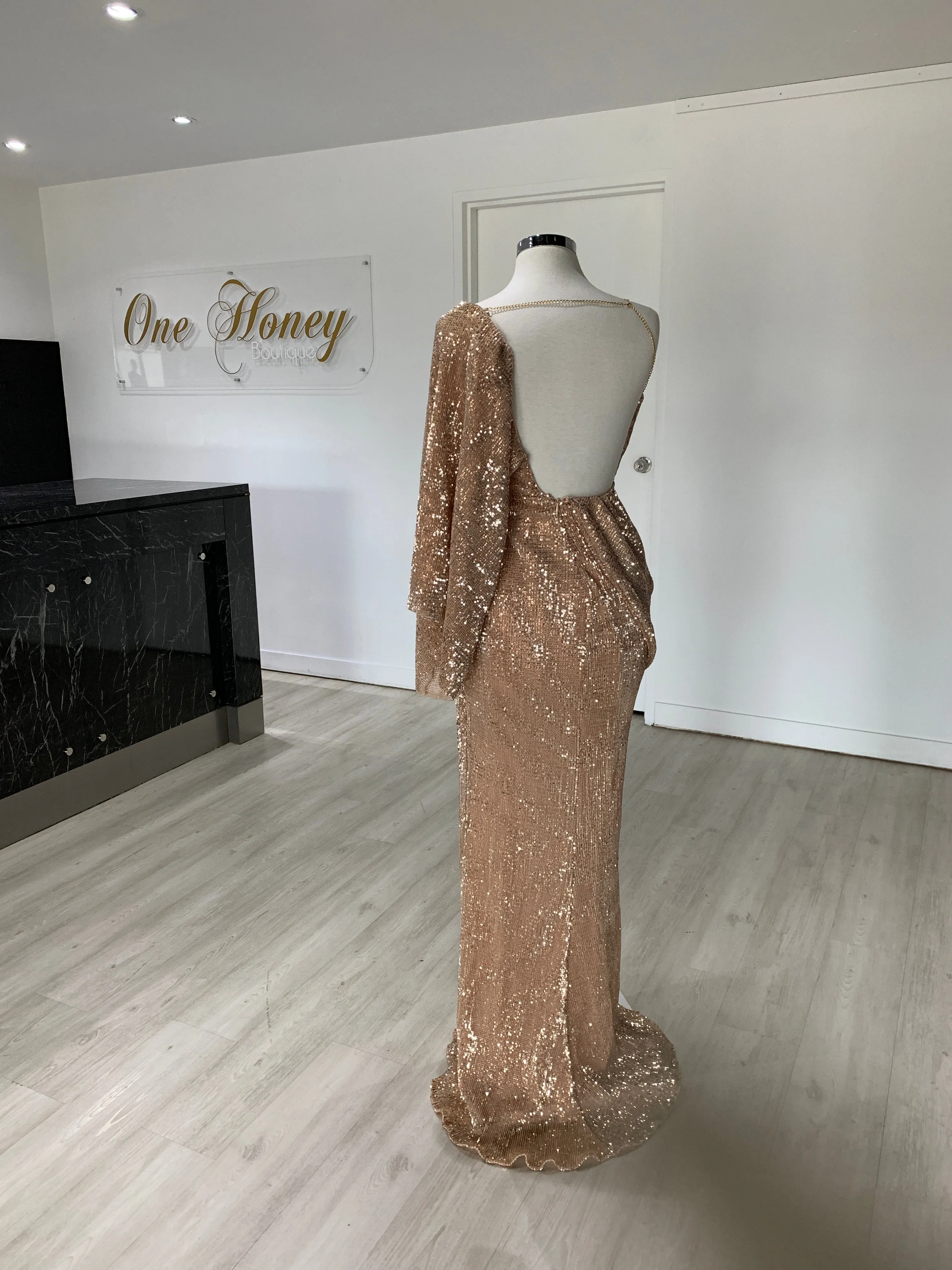 Honey Couture SHAKIRA Rose Gold One Sleeve Sequin Formal Dress