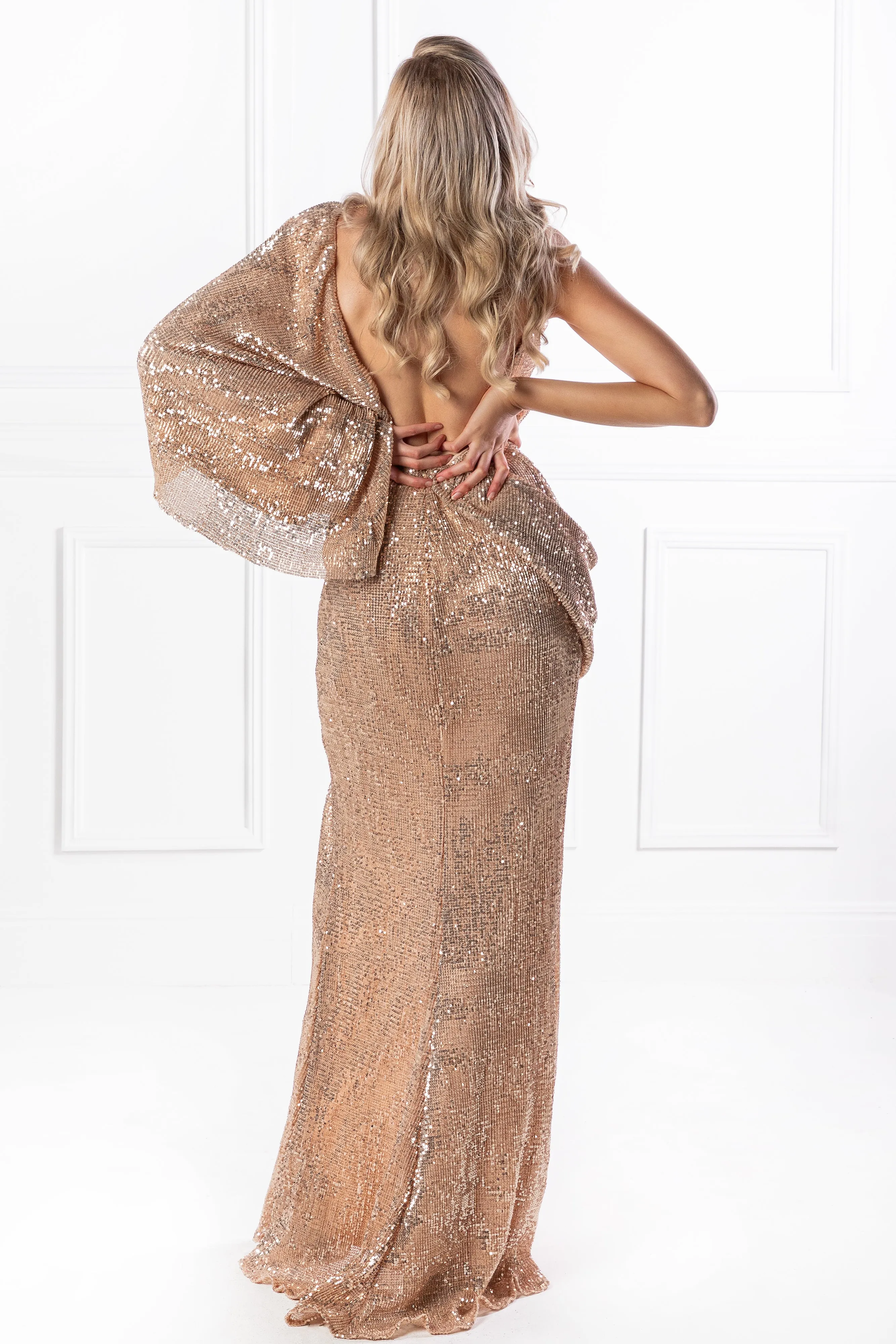 Honey Couture SHAKIRA Rose Gold One Sleeve Sequin Formal Dress