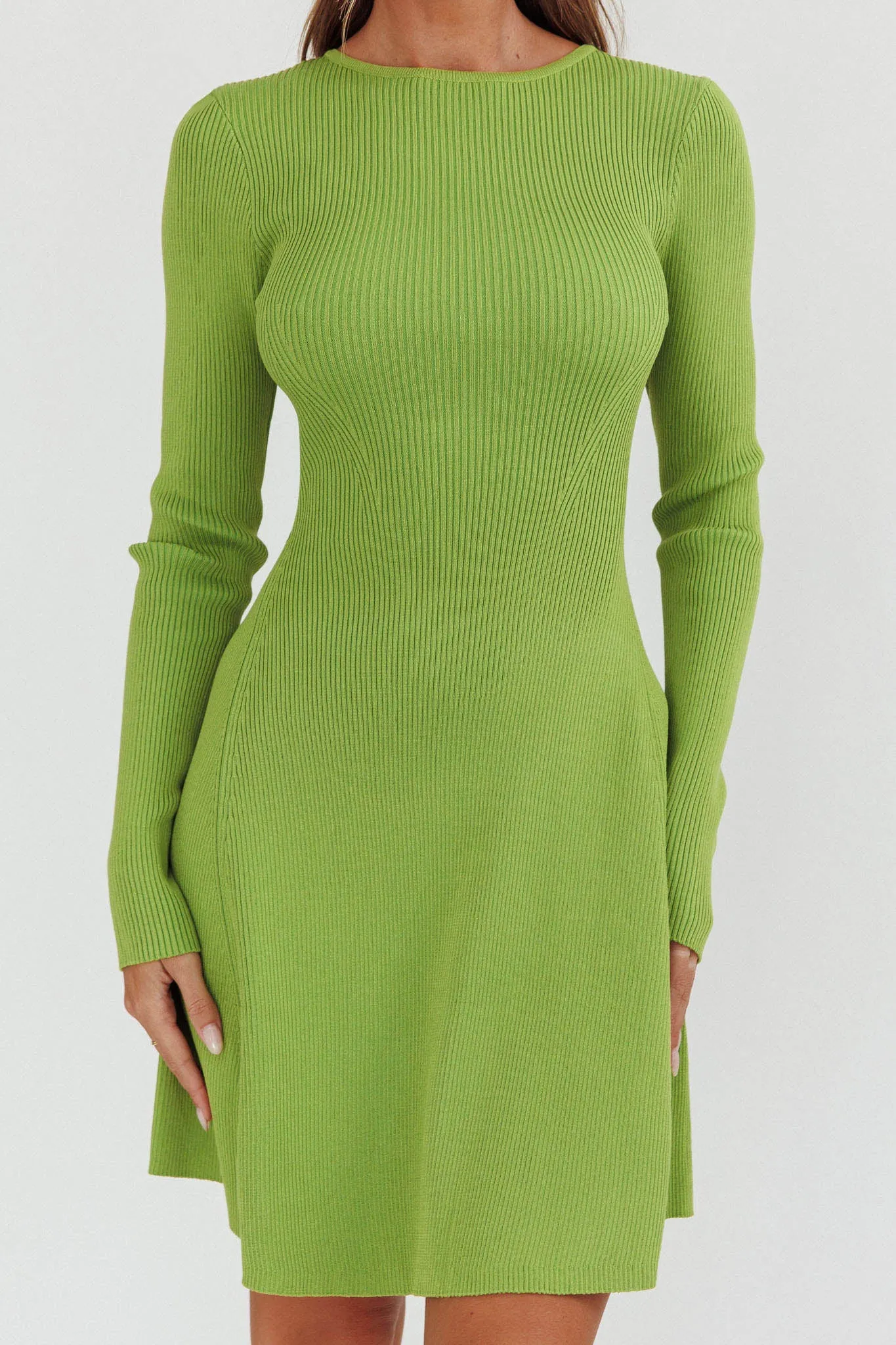 Intuitions Long Sleeve Ribbed Knit Dress Green