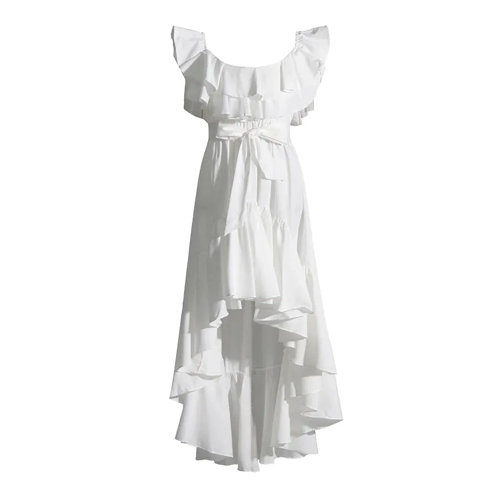Irregular Folds Dresses For Women Square Collar Short Sleeve High Waist Solid Minimalist Dress Female Summer Fashion 2023