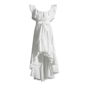 Irregular Folds Dresses For Women Square Collar Short Sleeve High Waist Solid Minimalist Dress Female Summer Fashion 2023