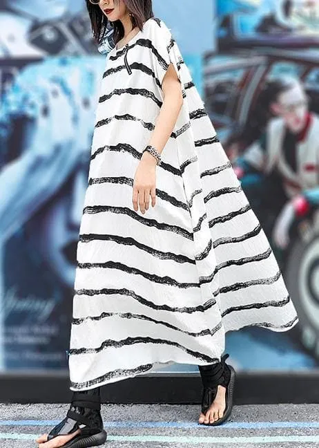 Italian white striped chiffon Robes o neck pockets Art Dress