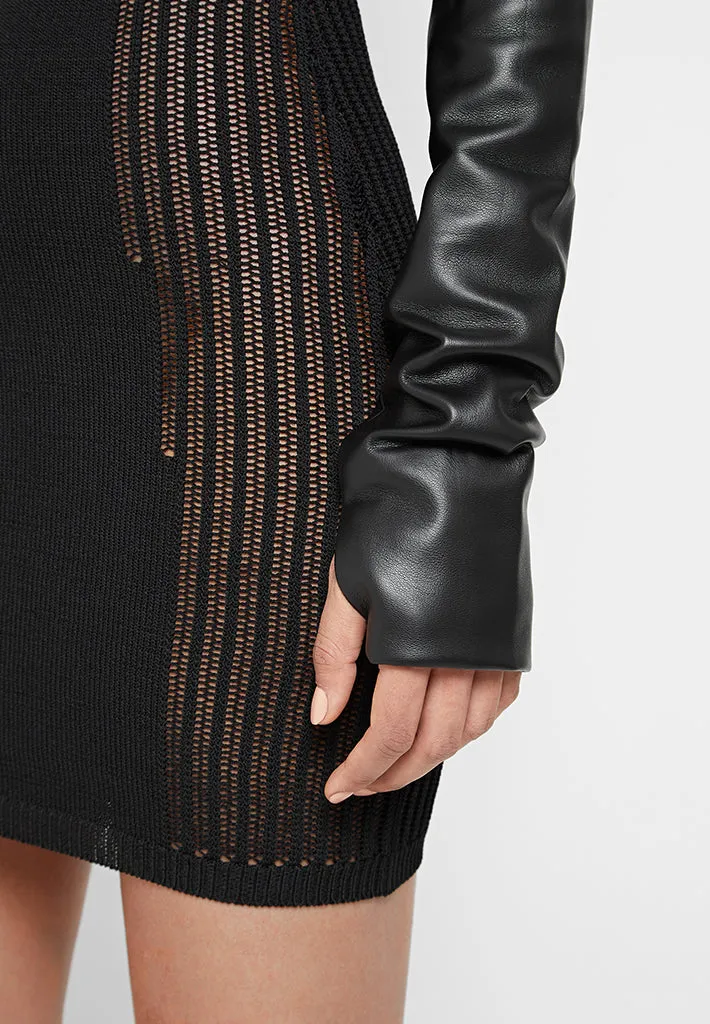 Knitted Contour Dress with Leather Sleeves - Black