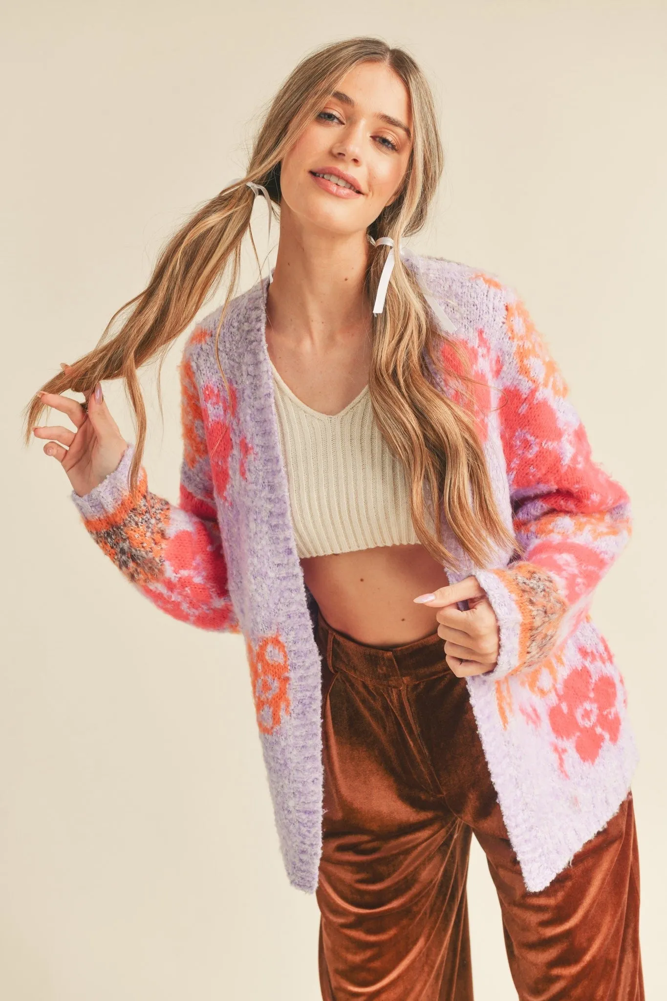 Laney Multi Color Brushed Cardigan - Lavender/Pink