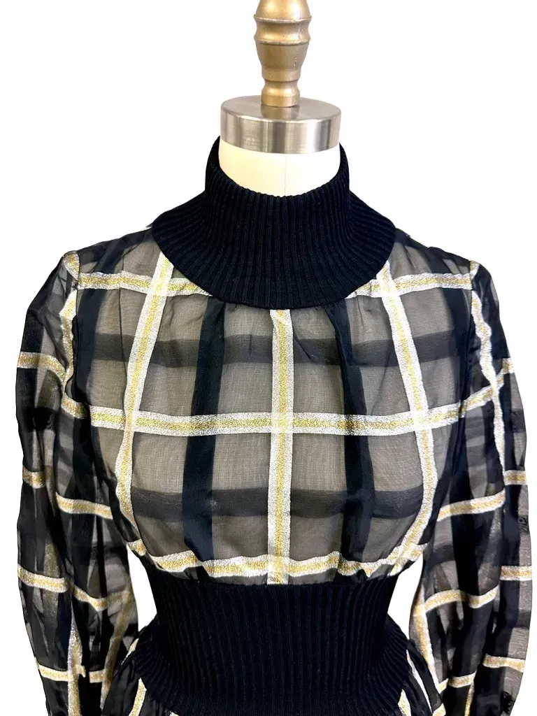Malcolm Starr Vintage Black & Silver Metallic Organdy COCKTAIL Dress 1970S 34-26-44