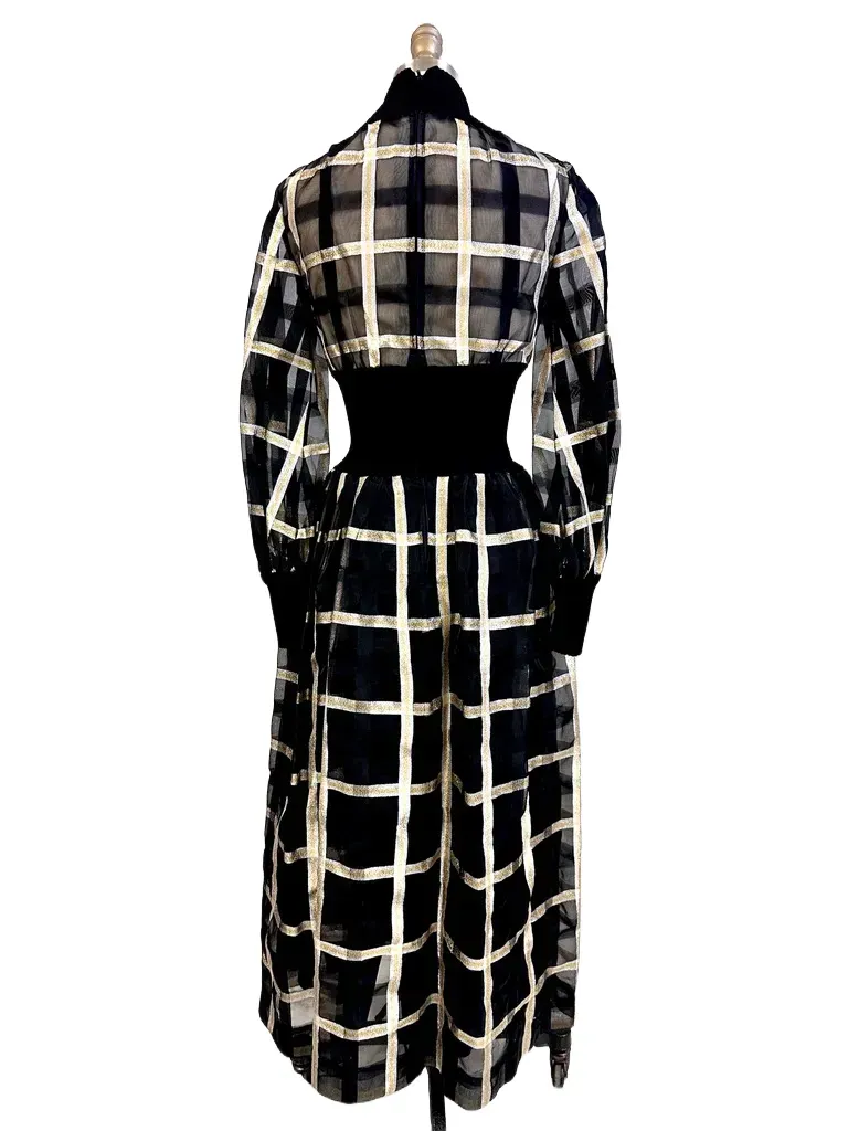 Malcolm Starr Vintage Black & Silver Metallic Organdy COCKTAIL Dress 1970S 34-26-44