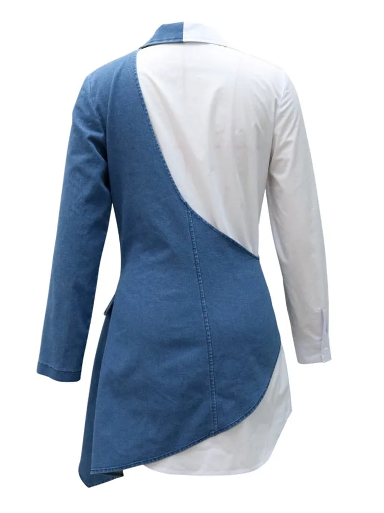 Minimalist Hit Color Dresses For Women V Neck Long Sleeve High Waist Spliced Denim Summer Dress Female Fashion