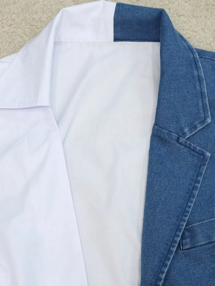 Minimalist Hit Color Dresses For Women V Neck Long Sleeve High Waist Spliced Denim Summer Dress Female Fashion