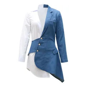 Minimalist Hit Color Dresses For Women V Neck Long Sleeve High Waist Spliced Denim Summer Dress Female Fashion