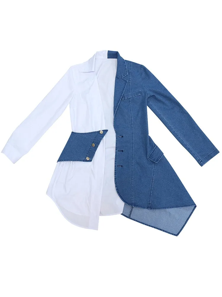 Minimalist Hit Color Dresses For Women V Neck Long Sleeve High Waist Spliced Denim Summer Dress Female Fashion