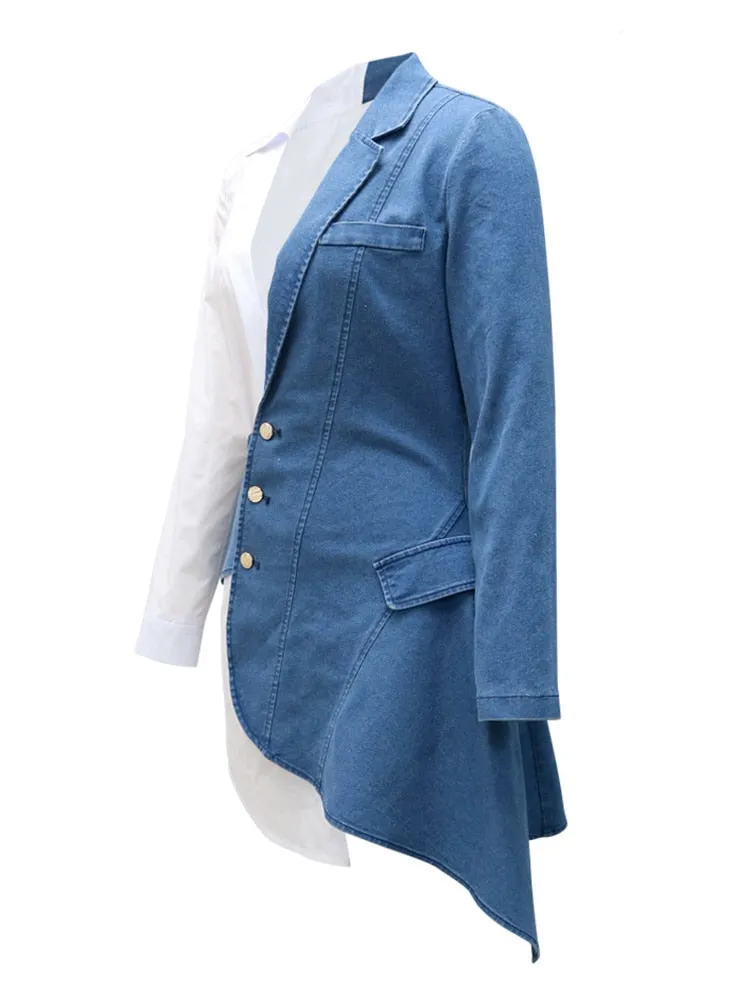 Minimalist Hit Color Dresses For Women V Neck Long Sleeve High Waist Spliced Denim Summer Dress Female Fashion
