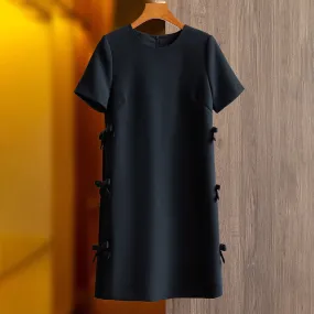 Minimalist Patchwork Bowknot Dresses For Women Round Neck Short Sleeve High Waist Loose Summer Dress Female Fashion