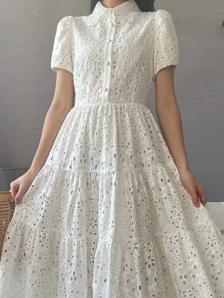 Minimalist Solid Slim Dress For Women Lapel Short Sleeve High Waist Hollow Out Dresses Female Fashion Clothing 2023 Summer