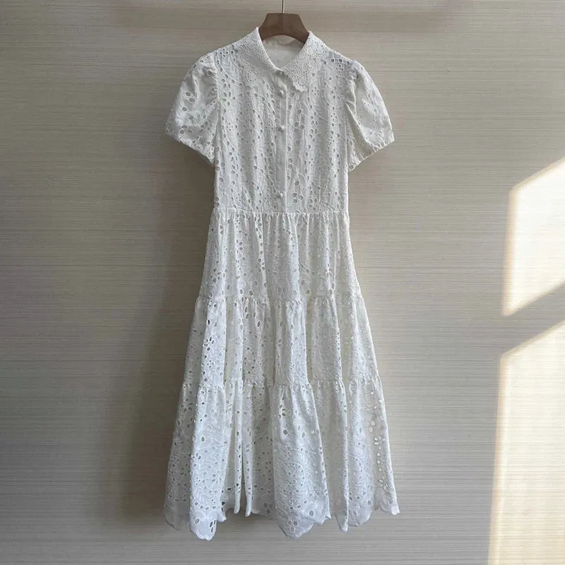 Minimalist Solid Slim Dress For Women Lapel Short Sleeve High Waist Hollow Out Dresses Female Fashion Clothing 2023 Summer