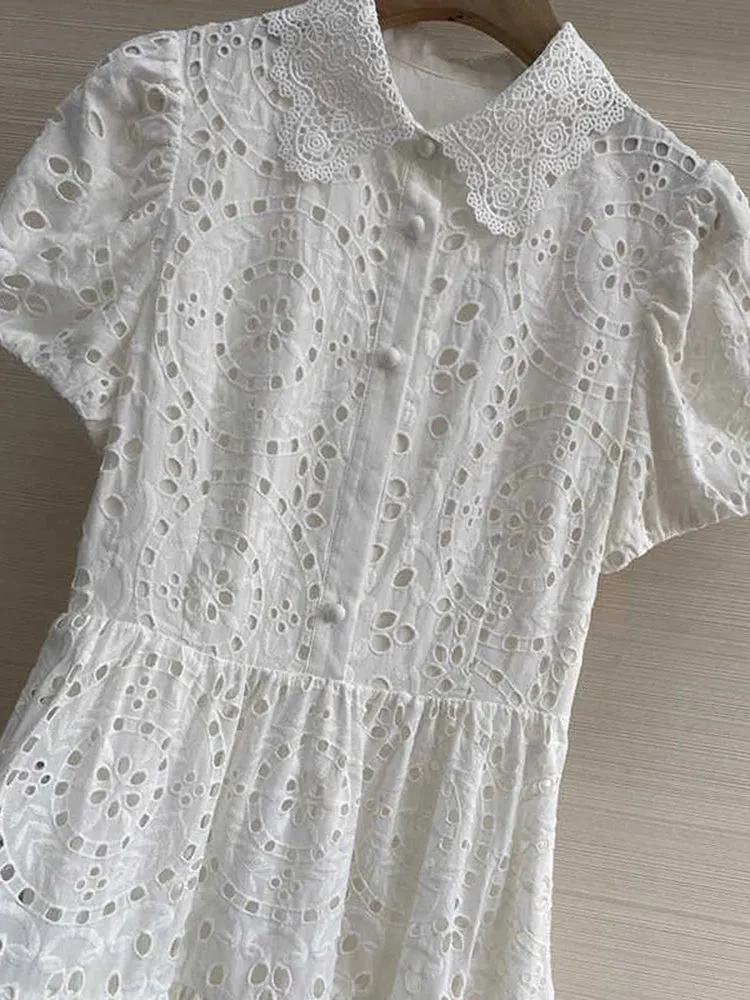 Minimalist Solid Slim Dress For Women Lapel Short Sleeve High Waist Hollow Out Dresses Female Fashion Clothing 2023 Summer