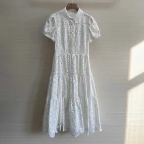 Minimalist Solid Slim Dress For Women Lapel Short Sleeve High Waist Hollow Out Dresses Female Fashion Clothing 2023 Summer
