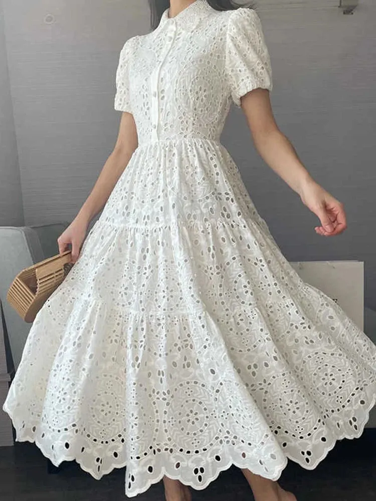 Minimalist Solid Slim Dress For Women Lapel Short Sleeve High Waist Hollow Out Dresses Female Fashion Clothing 2023 Summer
