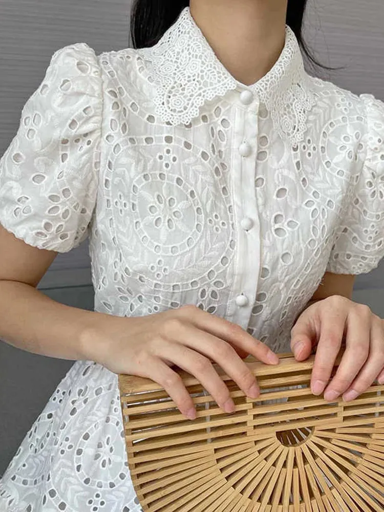 Minimalist Solid Slim Dress For Women Lapel Short Sleeve High Waist Hollow Out Dresses Female Fashion Clothing 2023 Summer