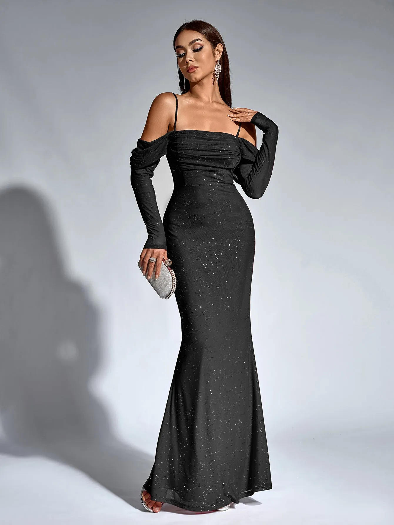 Off Shoulder Ruched Bust Mesh Sequin Mermaid Dress