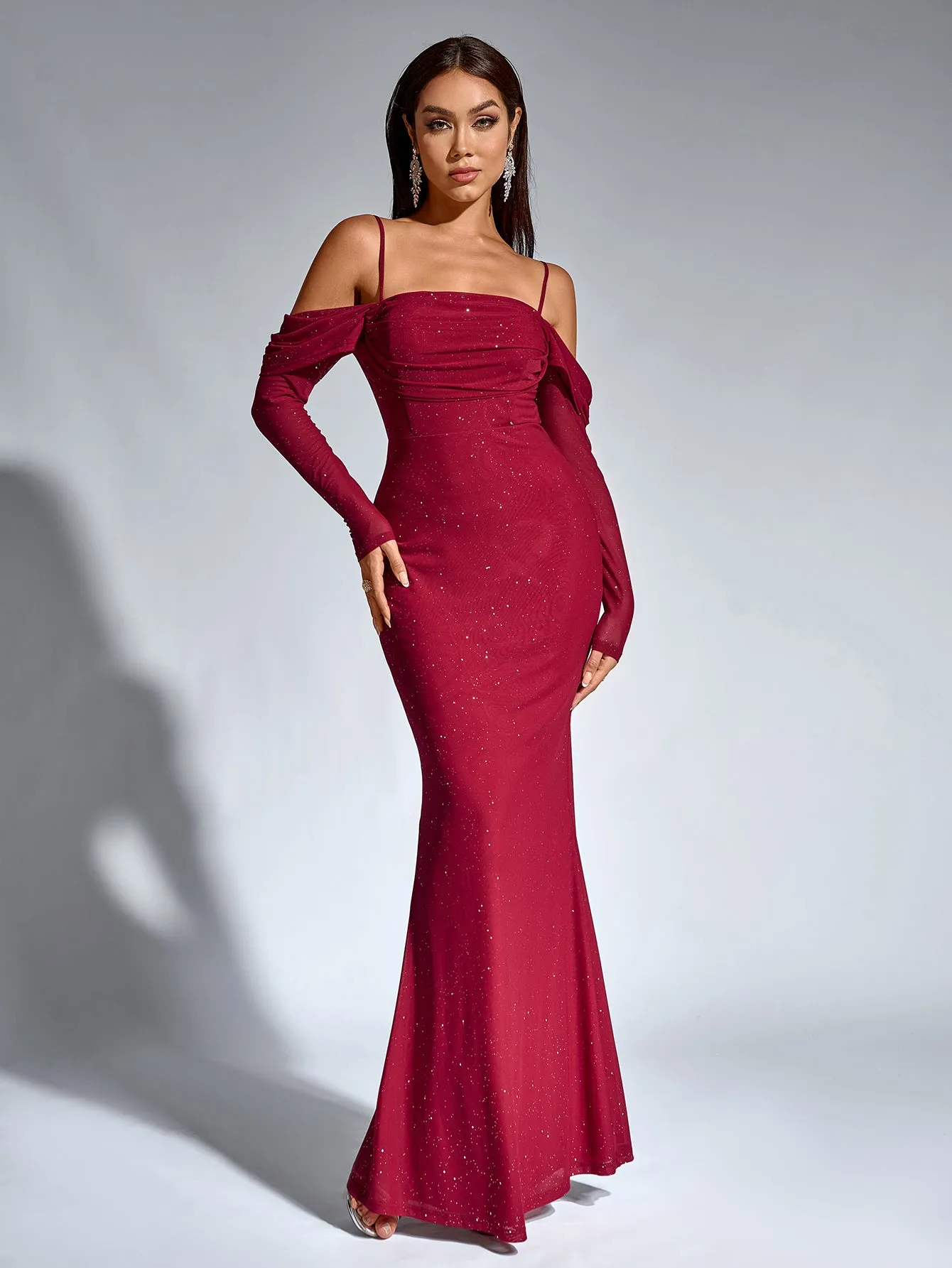 Off Shoulder Ruched Bust Mesh Sequin Mermaid Dress