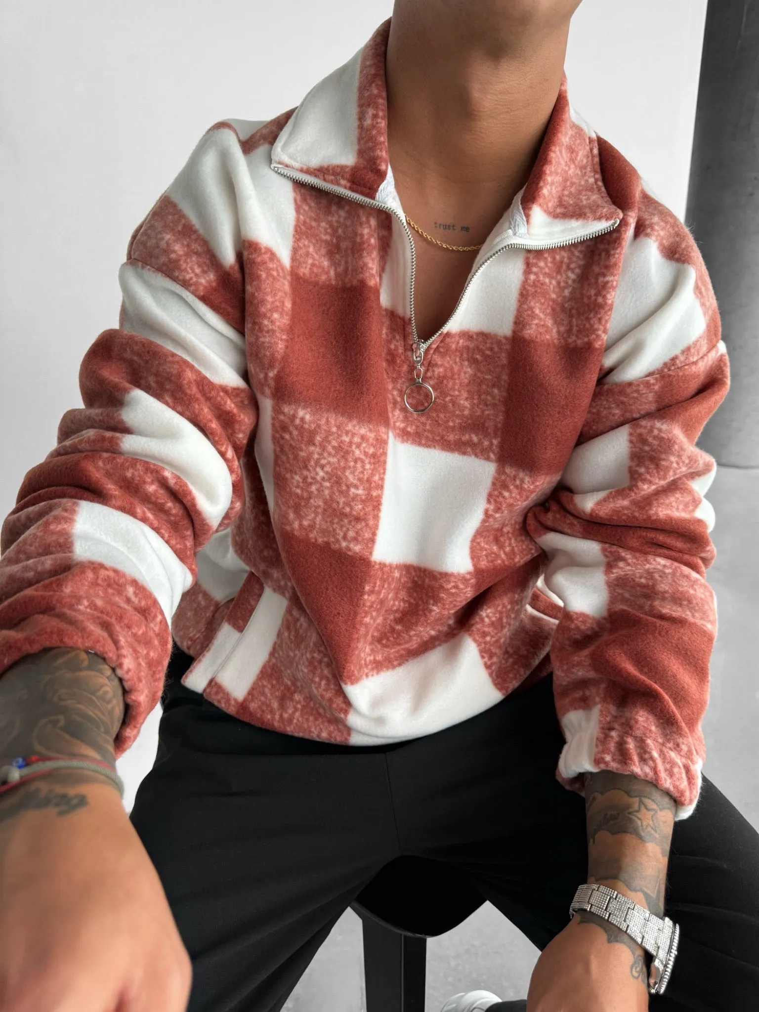 Oversize Checked Zipper Pullover - Burnt Brick