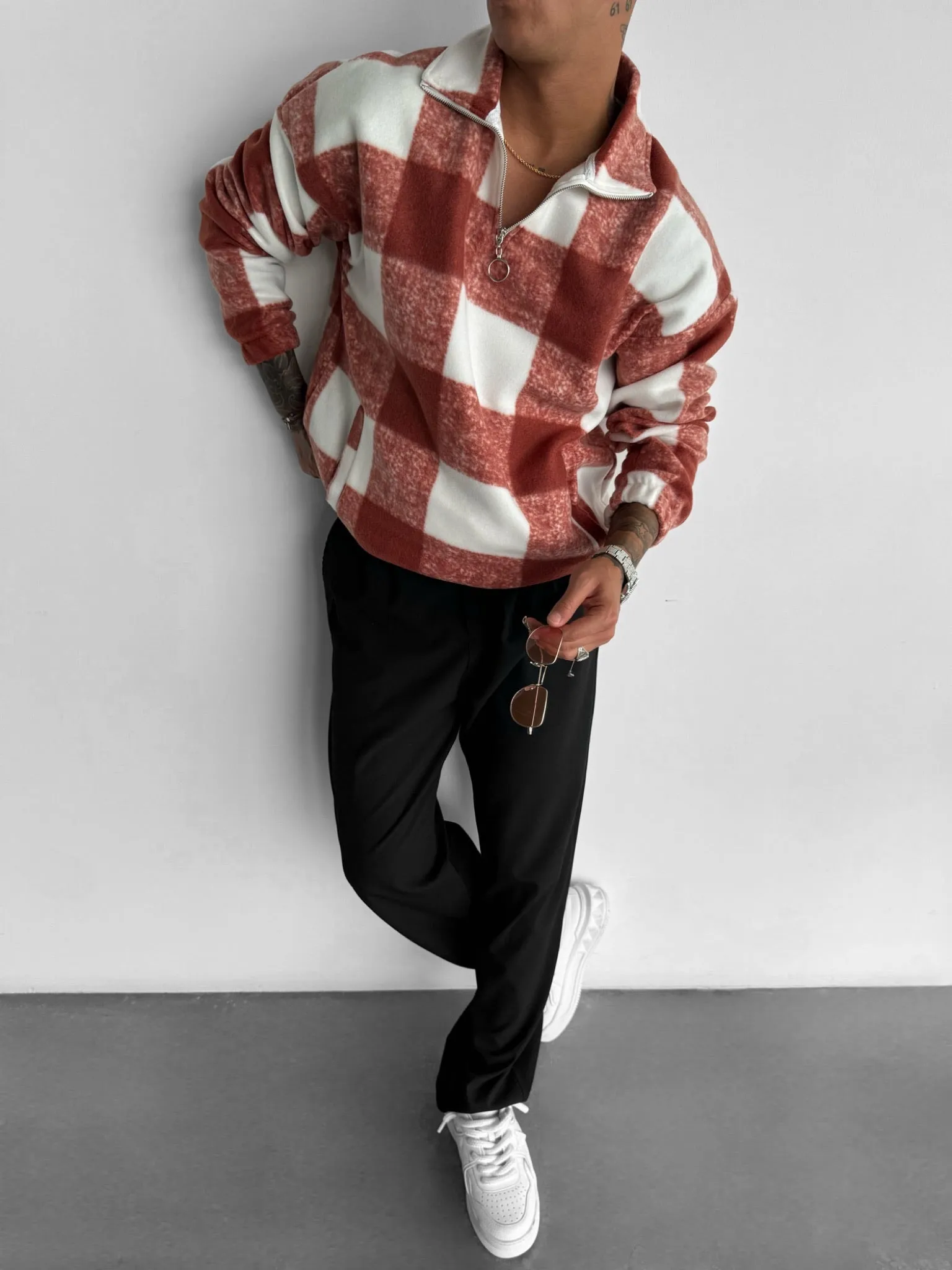 Oversize Checked Zipper Pullover - Burnt Brick