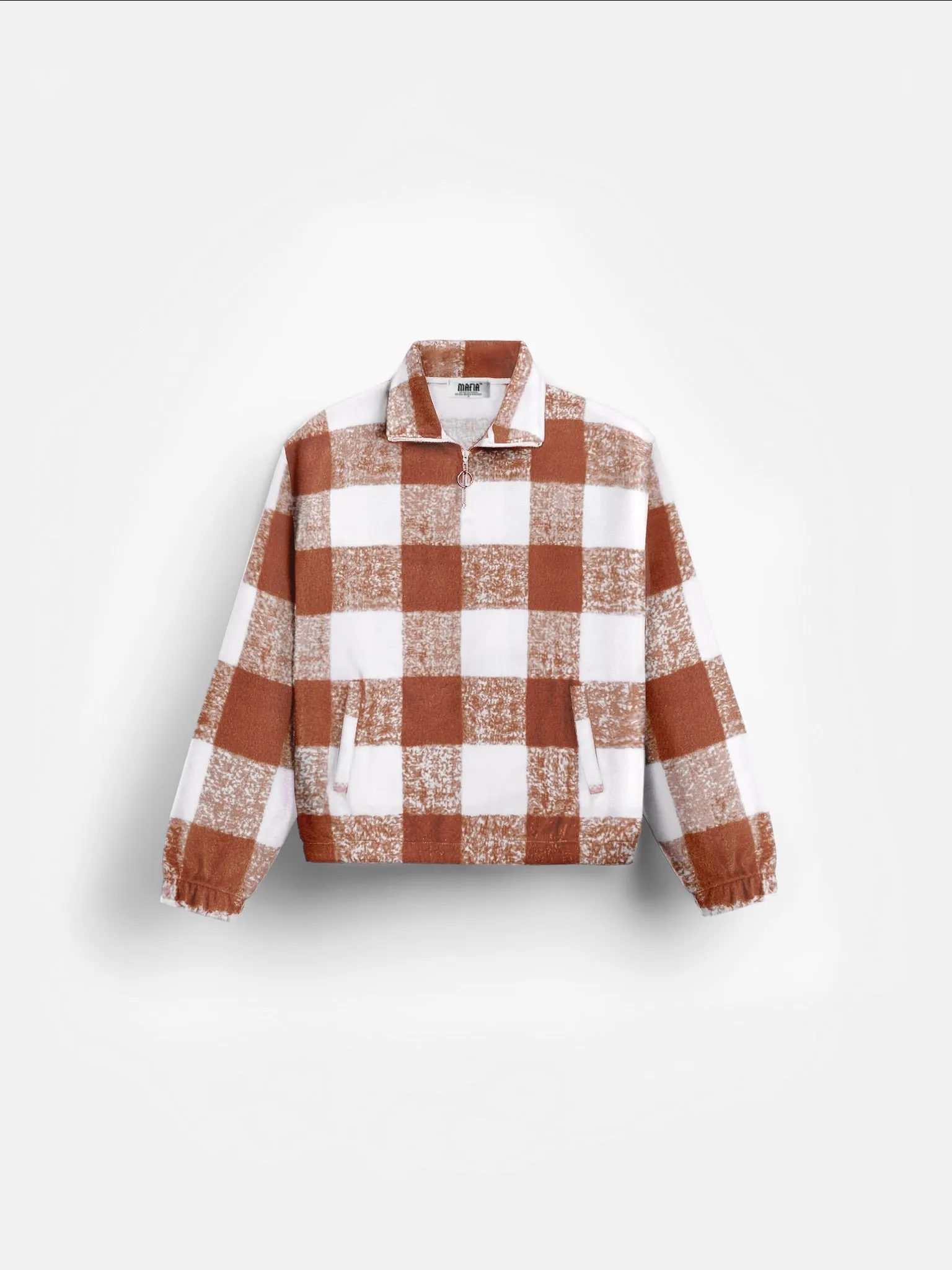 Oversize Checked Zipper Pullover - Burnt Brick