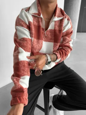 Oversize Checked Zipper Pullover - Burnt Brick