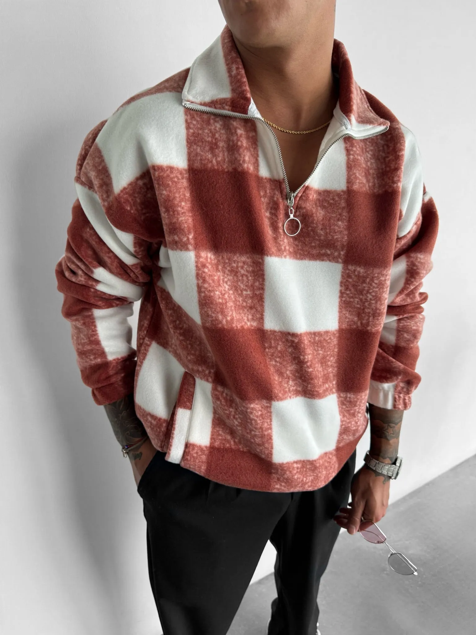Oversize Checked Zipper Pullover - Burnt Brick