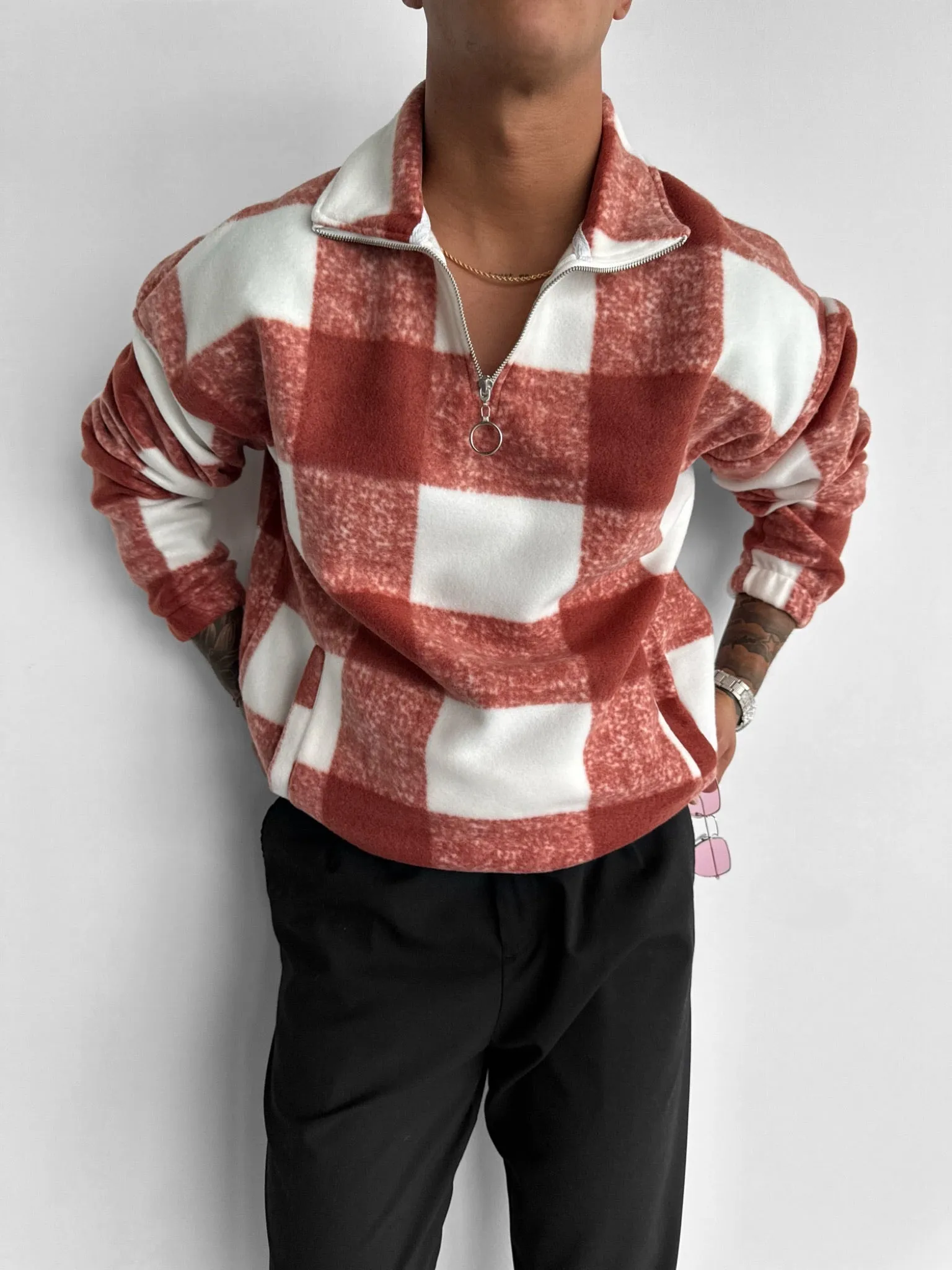 Oversize Checked Zipper Pullover - Burnt Brick