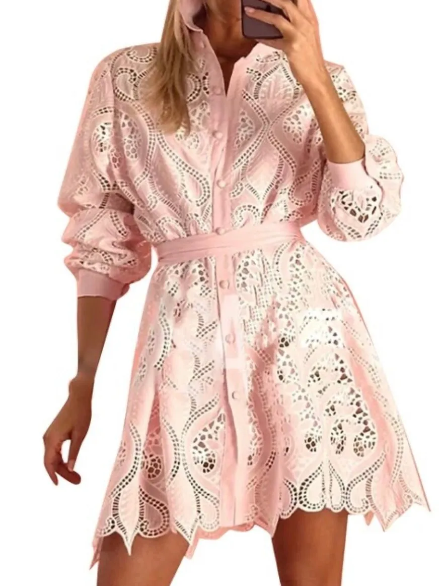 Pink and white lace mini dress