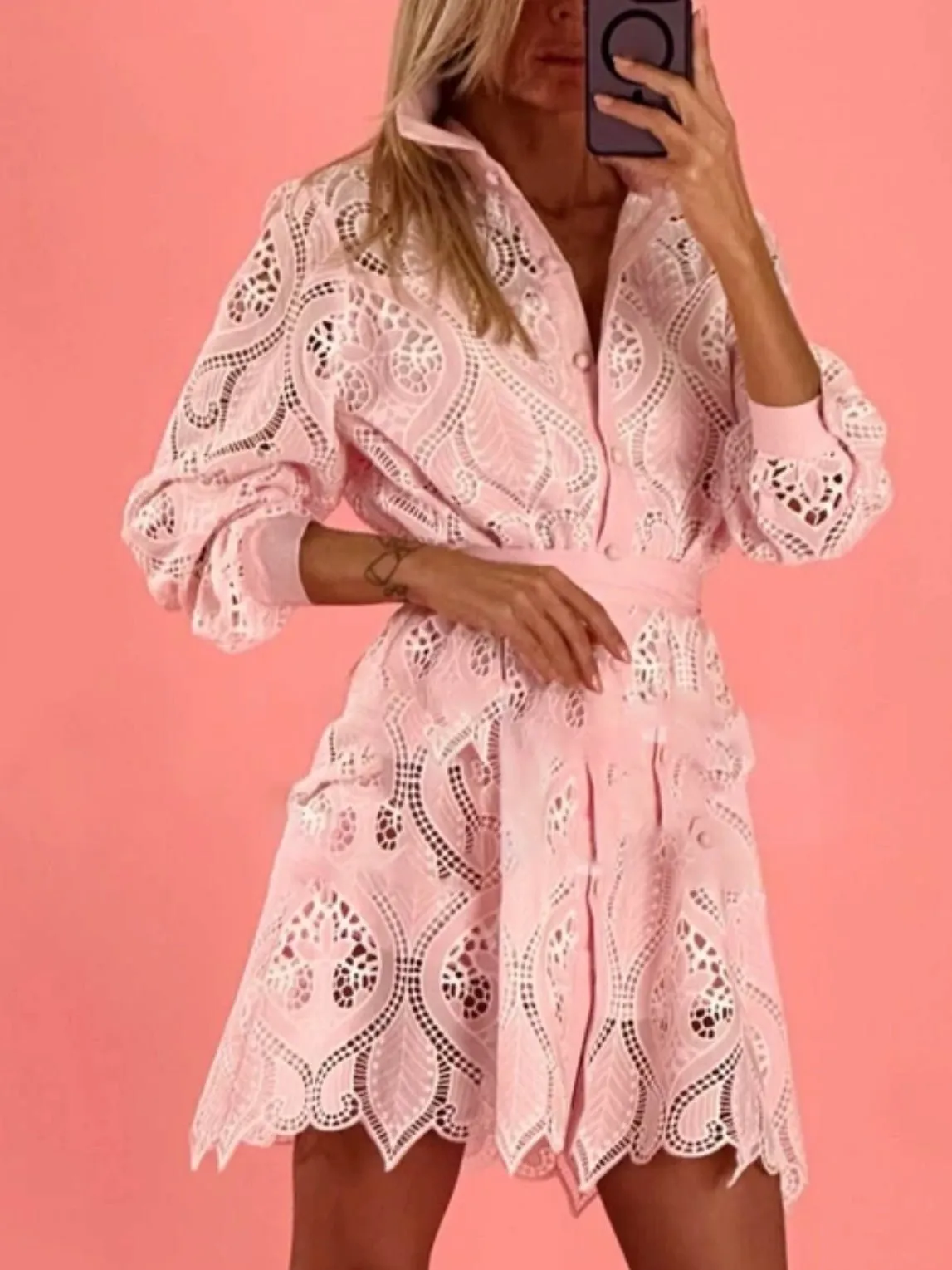 Pink and white lace mini dress