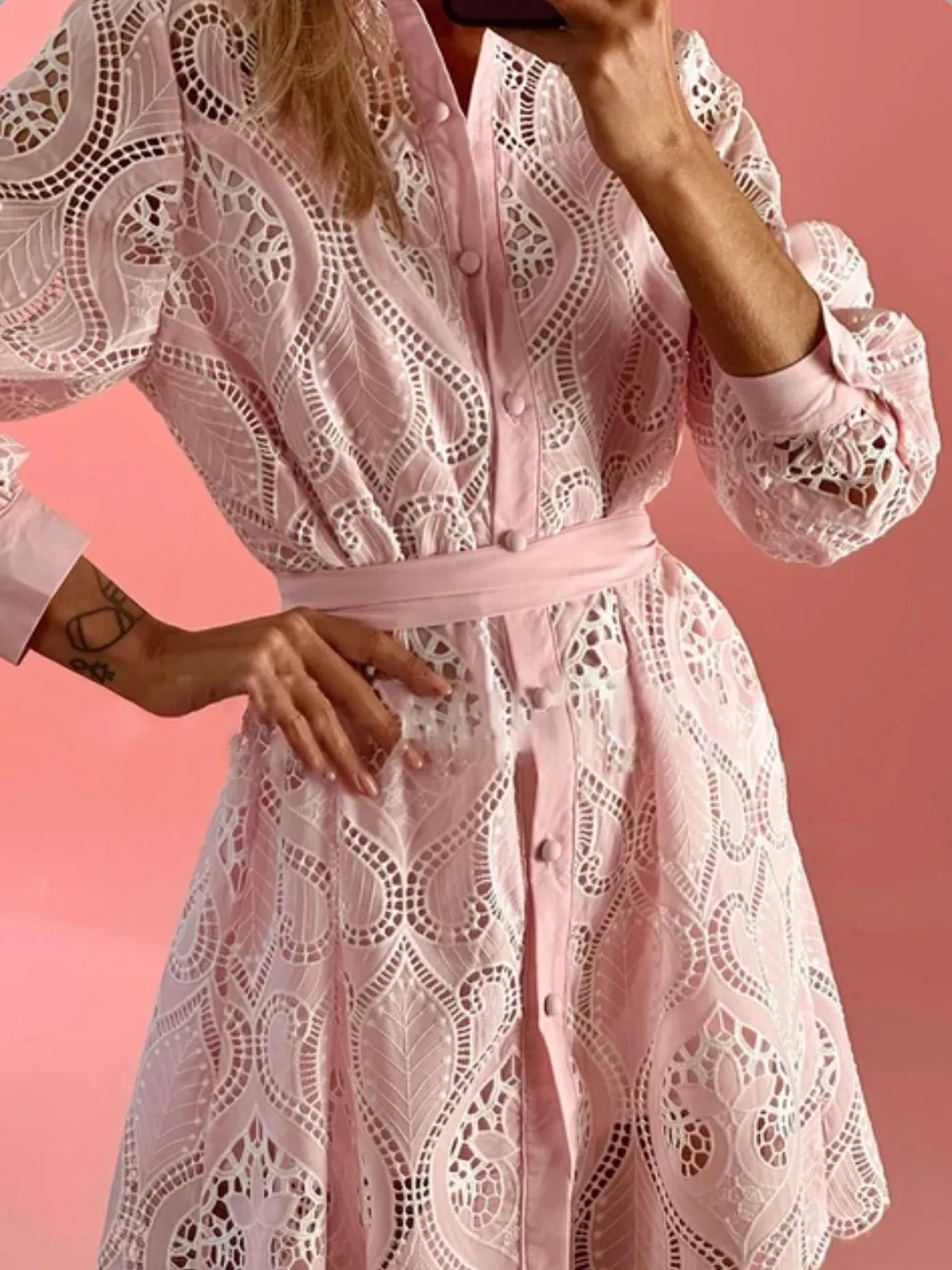 Pink and white lace mini dress