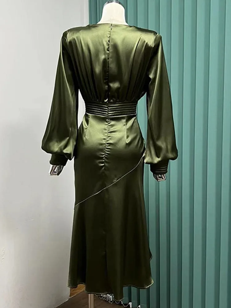 Slim Ruffle Trim Dress For Women V Neck Lantern Sleeve High Waist Ruched Solid Minimalist Midi Dresses Female Style