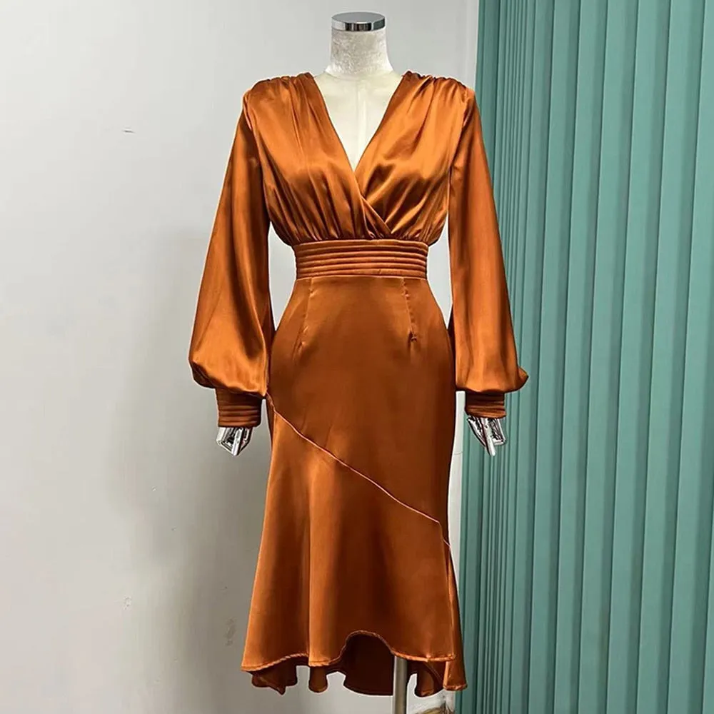 Slim Ruffle Trim Dress For Women V Neck Lantern Sleeve High Waist Ruched Solid Minimalist Midi Dresses Female Style