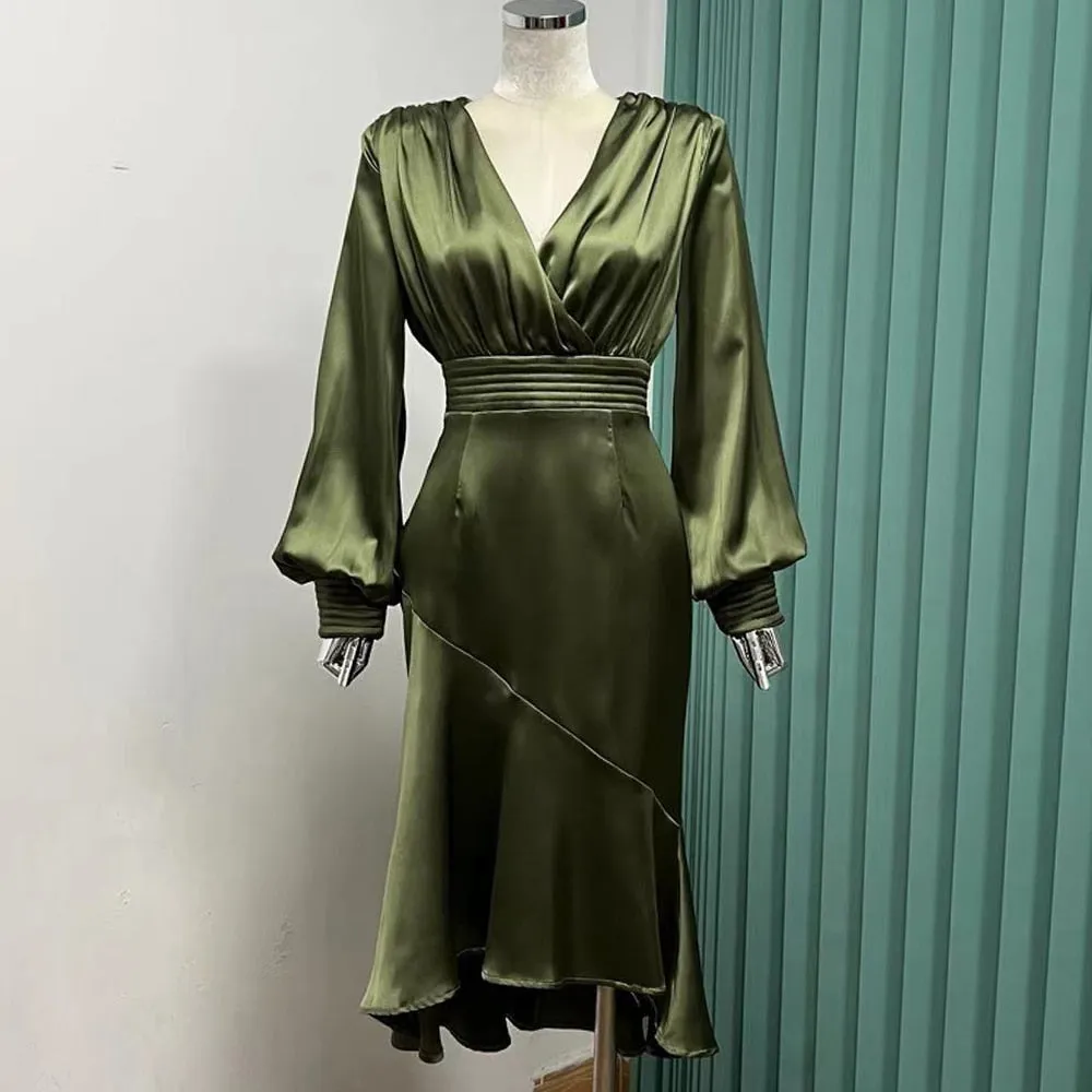 Slim Ruffle Trim Dress For Women V Neck Lantern Sleeve High Waist Ruched Solid Minimalist Midi Dresses Female Style