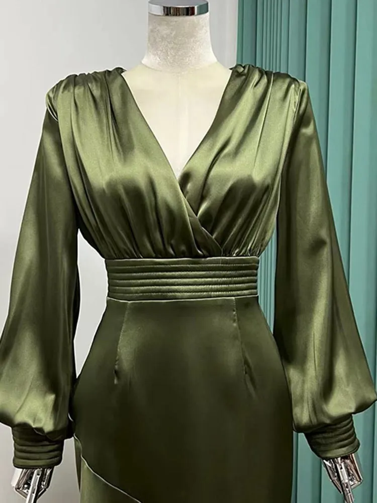 Slim Ruffle Trim Dress For Women V Neck Lantern Sleeve High Waist Ruched Solid Minimalist Midi Dresses Female Style