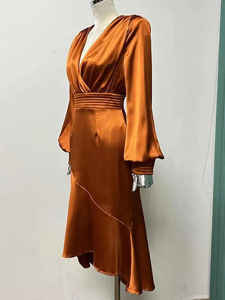 Slim Ruffle Trim Dress For Women V Neck Lantern Sleeve High Waist Ruched Solid Minimalist Midi Dresses Female Style