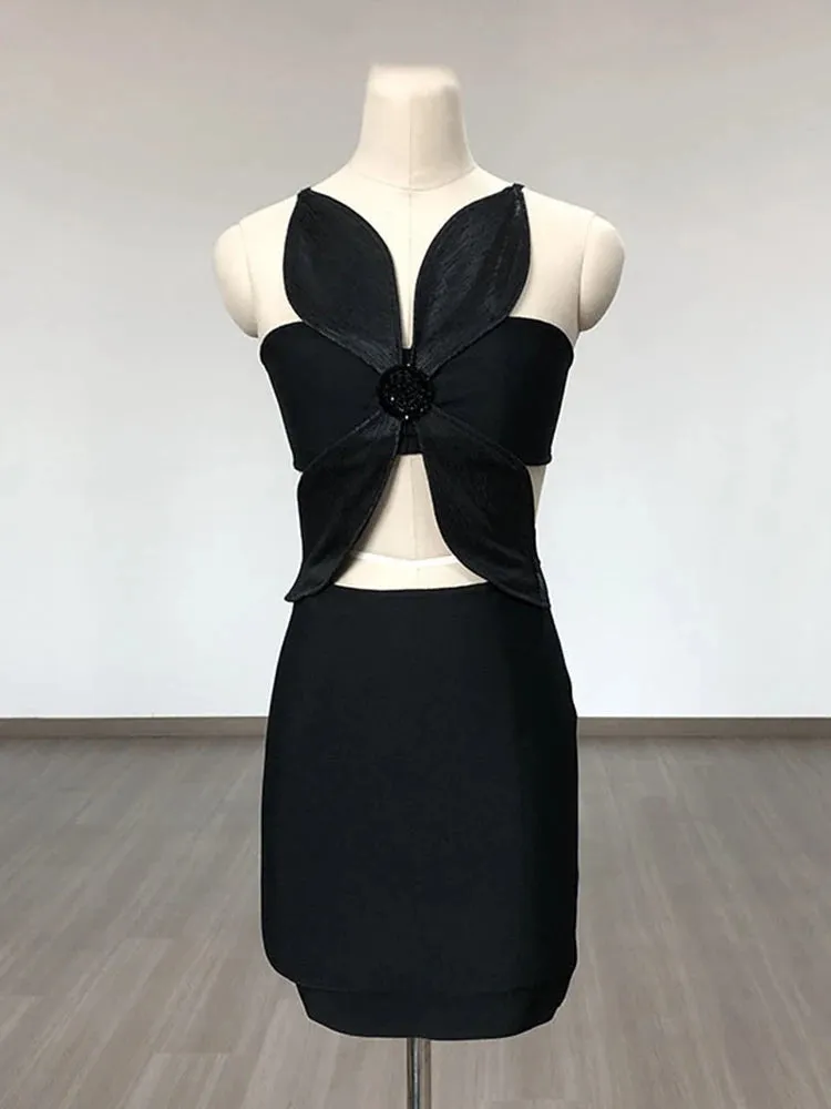 Solid Hollow Out Sexy Mini Dresses For Women V Neck Sleeveless High Waist Backless Minimalist Slimming Dress Female Fashion