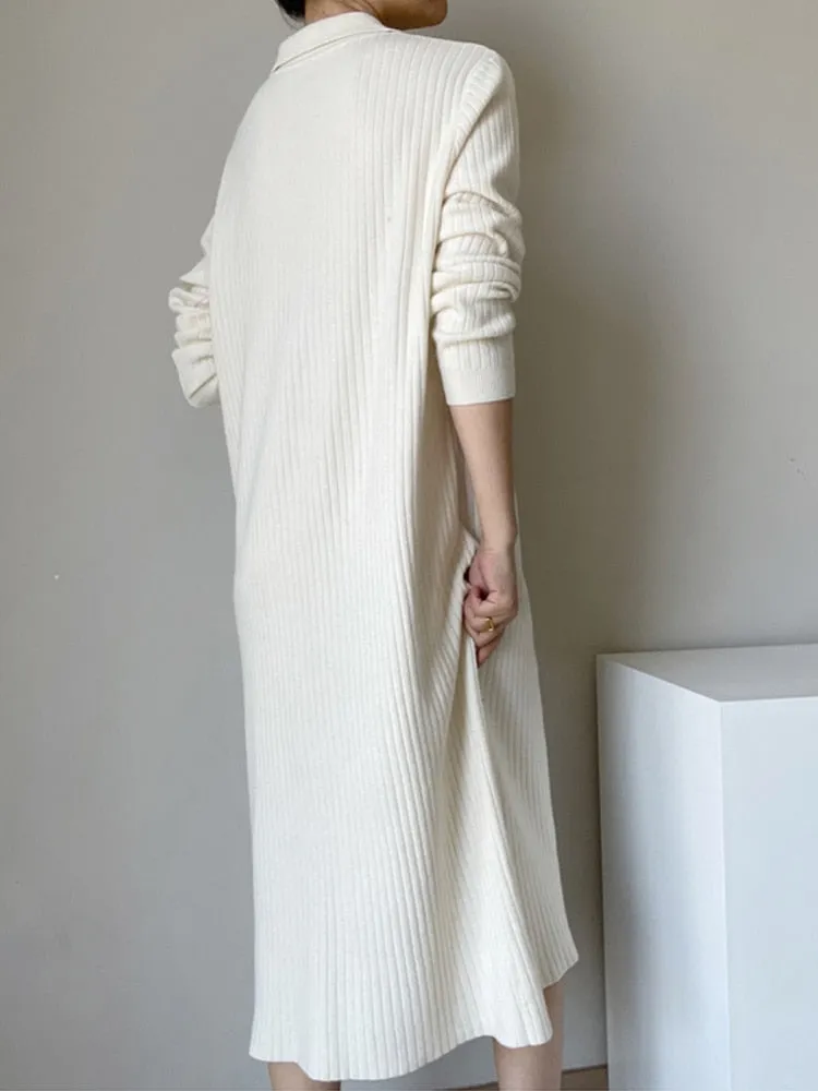 Solid Minimalist Knitting Dresses For Women Lapel Long Sleeve Loose Waist Pacthwork Button Dress Female Clothing
