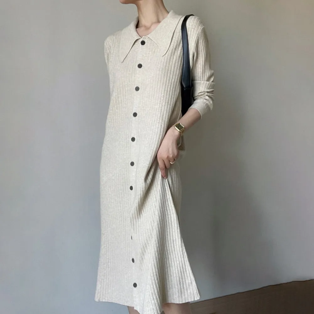 Solid Minimalist Knitting Dresses For Women Lapel Long Sleeve Loose Waist Pacthwork Button Dress Female Clothing