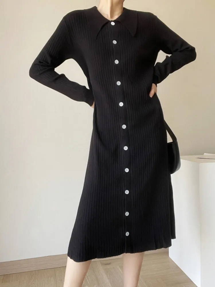 Solid Minimalist Knitting Dresses For Women Lapel Long Sleeve Loose Waist Pacthwork Button Dress Female Clothing