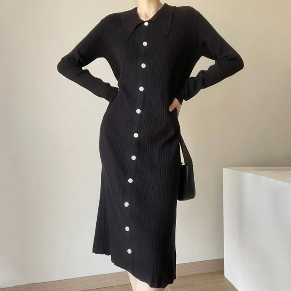 Solid Minimalist Knitting Dresses For Women Lapel Long Sleeve Loose Waist Pacthwork Button Dress Female Clothing