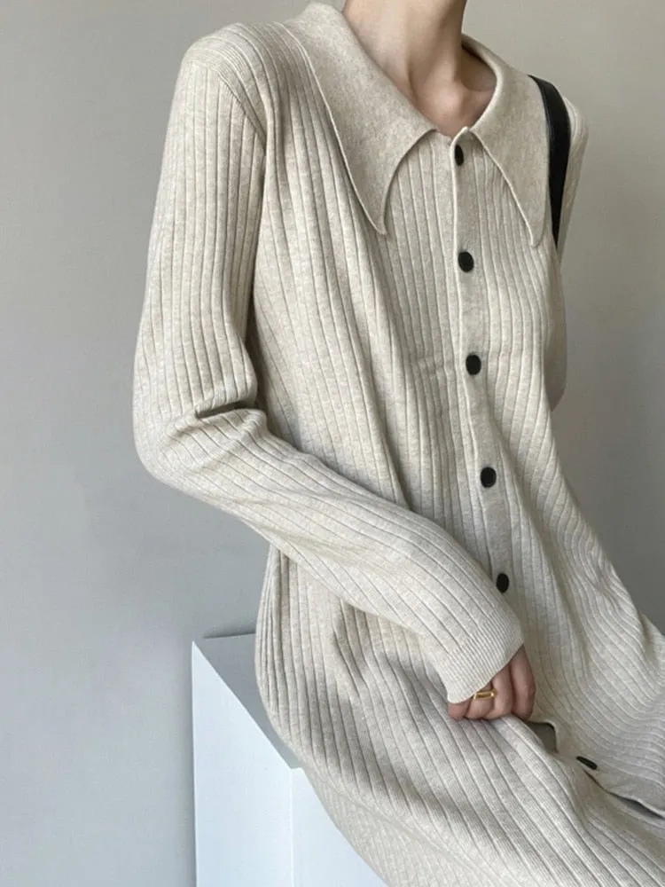 Solid Minimalist Knitting Dresses For Women Lapel Long Sleeve Loose Waist Pacthwork Button Dress Female Clothing