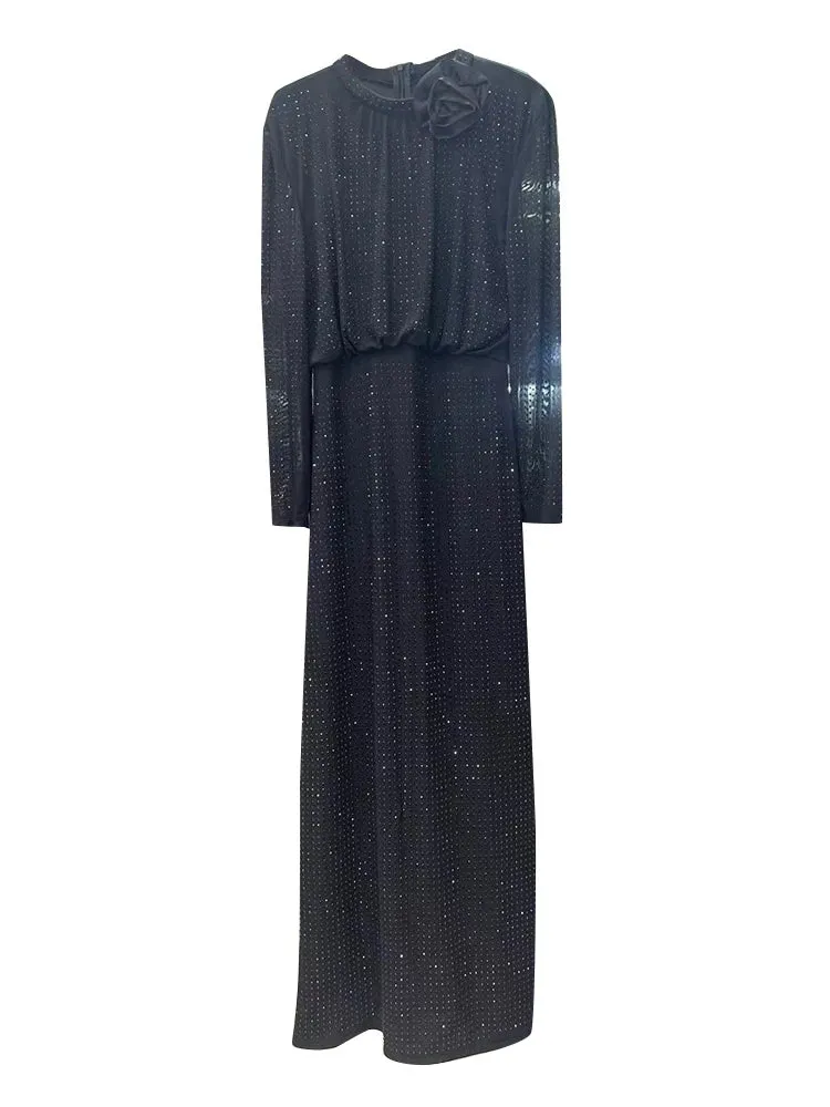 Solid Patchwork Diamonds Elegant Dresses For Women Stand Collar Long Sleeve High Waist Minimalist Dress Female Fashion New