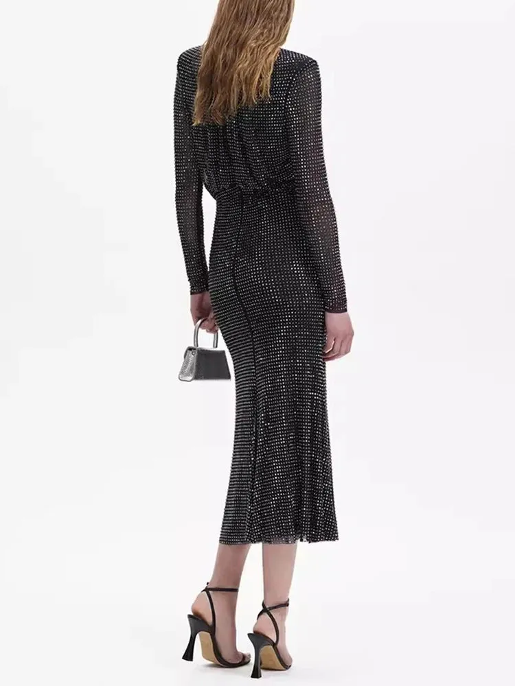 Solid Patchwork Diamonds Elegant Dresses For Women Stand Collar Long Sleeve High Waist Minimalist Dress Female Fashion New