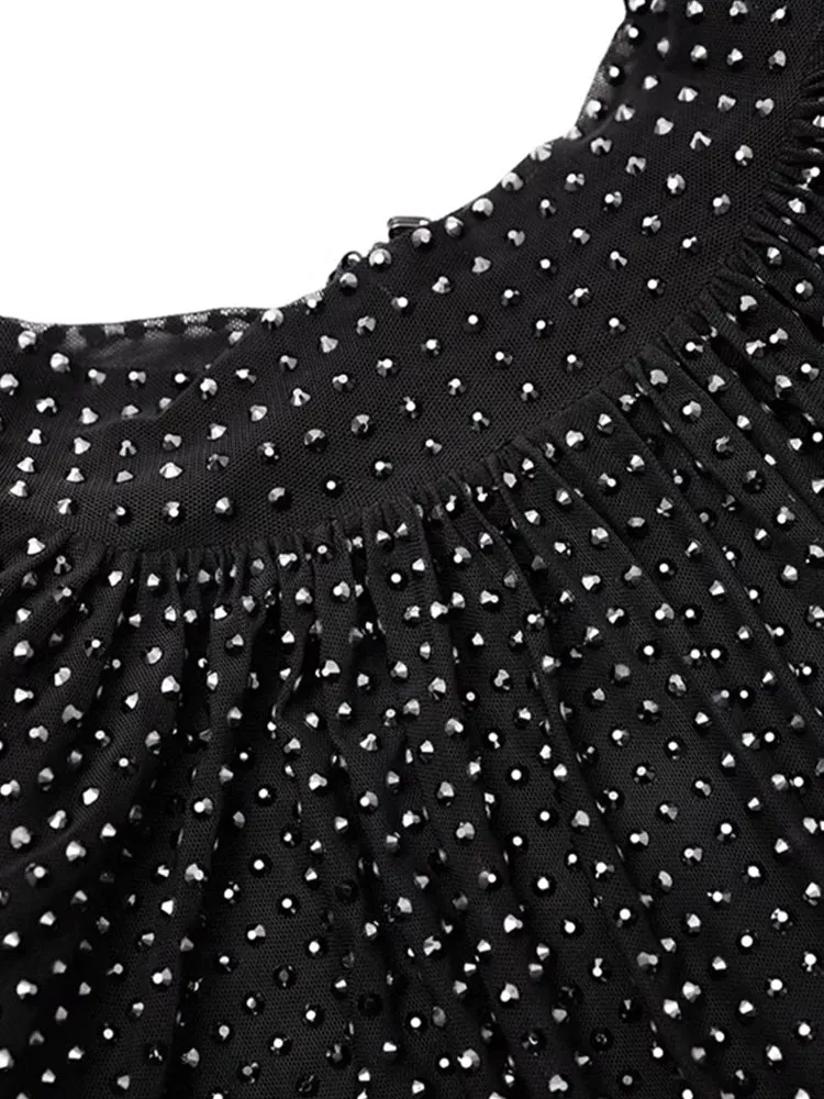 Solid Patchwork Diamonds Elegant Dresses For Women Stand Collar Long Sleeve High Waist Minimalist Dress Female Fashion New