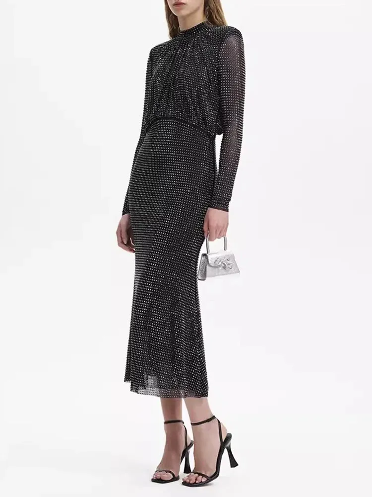 Solid Patchwork Diamonds Elegant Dresses For Women Stand Collar Long Sleeve High Waist Minimalist Dress Female Fashion New