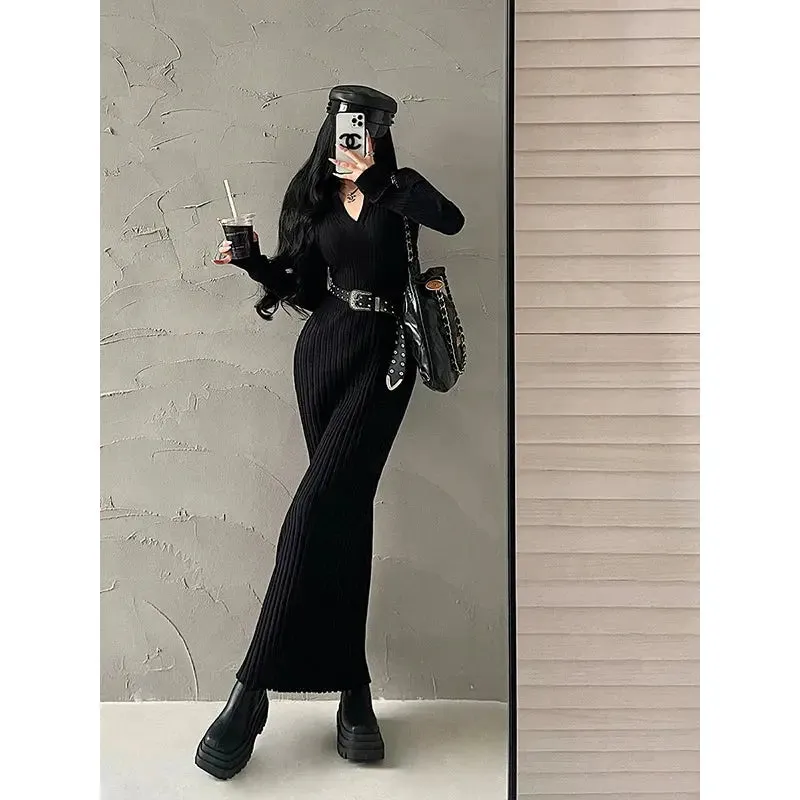 V-neck Slim Long Sleeve Knitted Sweater Dress